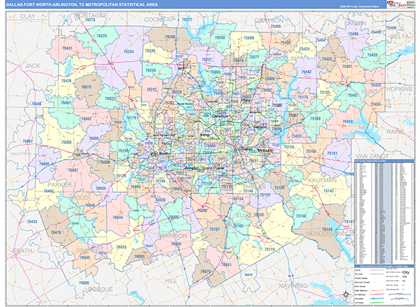 Dallas-Fort Worth-Arlington Metro Area Wall Map Color Cast Style